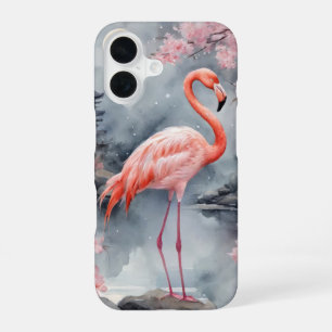Coque iPhone 16 Flamant rose sur couverture d'éclaboussure d'encre
