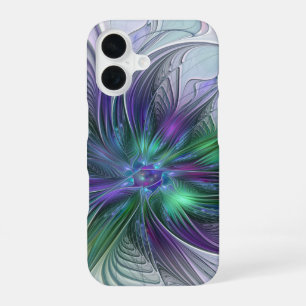 Coque iPhone 16 Fleur Abstraite Moderne Fractale Verte Violette