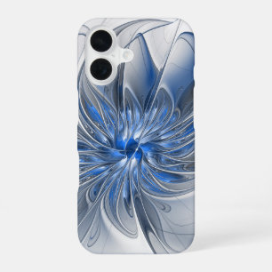 Coque iPhone 16 Fleur d'art fractal à l'aquarelle bleue grise abst