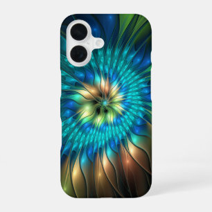 Coque iPhone 16 Fleur de fantaisie lumineuse, fractale abstraite c