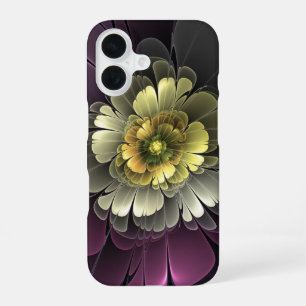 Coque iPhone 16 Fleur fractale grise et pourpre moderne abstraite