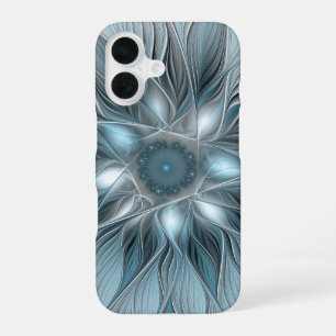 Coque iPhone 16 Fleur joyeuse abstraite florale fractale bleu gris