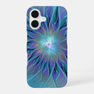 Coque iPhone 16 Fleur Violette Bleue Rêve Abstrait Art Fractal