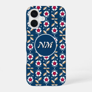 Coque iPhone 16 Fleurs blanches rétro sur fond bleu foncé