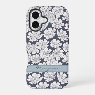 Coque iPhone 16 Fleurs blanches rustiques croquis teinte bleue nom