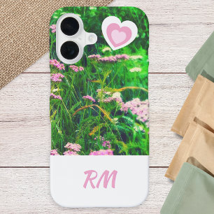 Coque iPhone 16 Fleurs de monogramme personnalisé Prairie Rose Bla