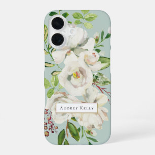Coque iPhone 16 Fleurs dorées Monogramme personnalisé Menthe