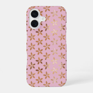 Coque iPhone 16 Fleurs en feuille d'or sur fond rose