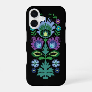 Coque iPhone 16 Fleurs folkloriques polonaises bleu clair