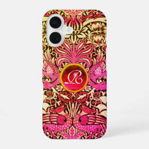 COQUE iPhone 16 FLEURS, PAONS ET DRAGONS GEMME PIERRE MONOGRAMME