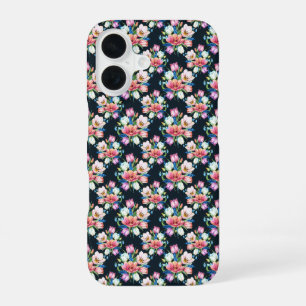Coque iPhone 16 Fleurs sur fond noir