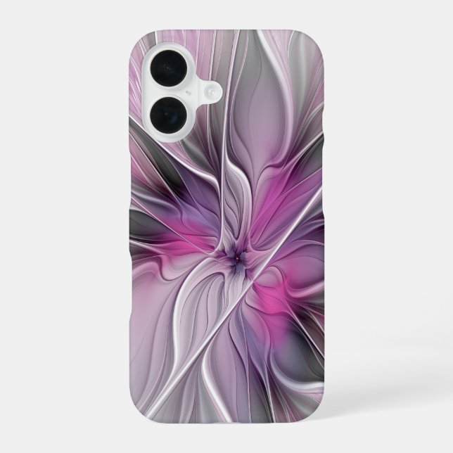 Coque iPhone 16 Floral Fractal moderne Fleur Abstraite rose gris (Verso)