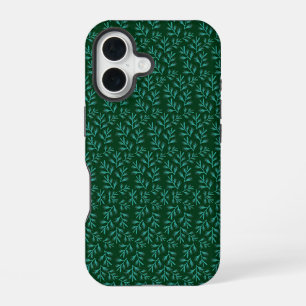 Coque iPhone 16 Fond vert foncé avec feuilles botaniques sarcelle
