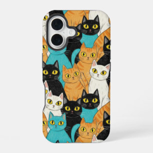 Coque iPhone 16 Foule de chats au crayon fantaisiste