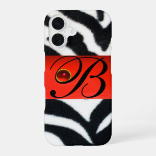 COQUE iPhone 16 FOURRURE DE ZÈBRE NOIR BLANC AVEC MONOGRAMME GEMME