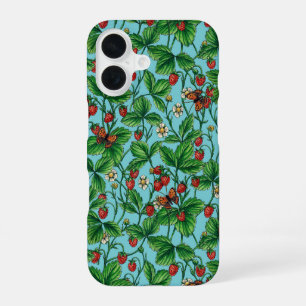 Coque iPhone 16 Fraises sauvages sur fond bleu piscine