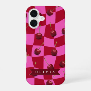 Coque iPhone 16 Gingham Rouge Personnalisé Rétro Nom Personnalisé