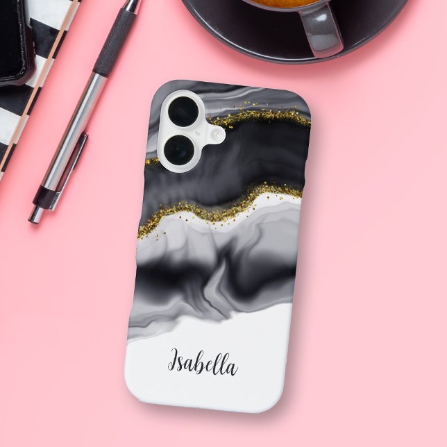 Coque iPhone 16 Gold Faux Parties scintillant Noir Personnalisé (Créateur téléchargé)