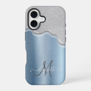 Coque iPhone 16 Gouttes d'argent Monogramme Bleu Métallisé