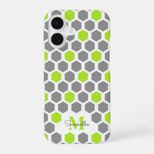 Coque iPhone 16 Hexagon gris vert Lime Moderne Avec Nom Monogramme