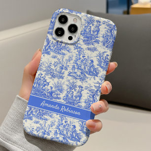 Coque iPhone 16 Imprimé toile de jouy bleu vintage