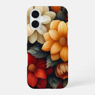 Coque iPhone 16 Jaune, Orange, Fleurs Rouges