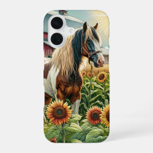 Coque iPhone 16 Joli cheval brun et blanc dans une ferme rustique
