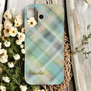 Coque iPhone 16 Joli motif à carreaux sarcelle jaune gris vert ave