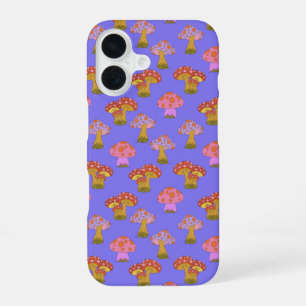Coque iPhone 16 Joli motif de champignon hippie rétro en violet 