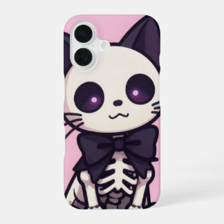 Coque iPhone 16 Kawaii Skeleton Cat Pink Halloween Case