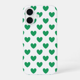 Coque iPhone 16 Kelly Coeurs polka vert sur blanc