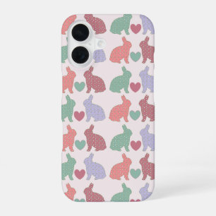 Coque iPhone 16 Lapins à pois sur fond rose