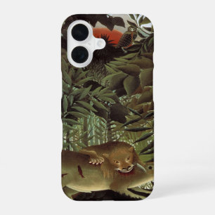 Coque iPhone 16 Lion affamé par Henri Rousseau, Animal sauvage vin