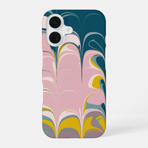 Coque iPhone 16 Marbre Abstrait moderne Ebru Motif Turquoise et ro