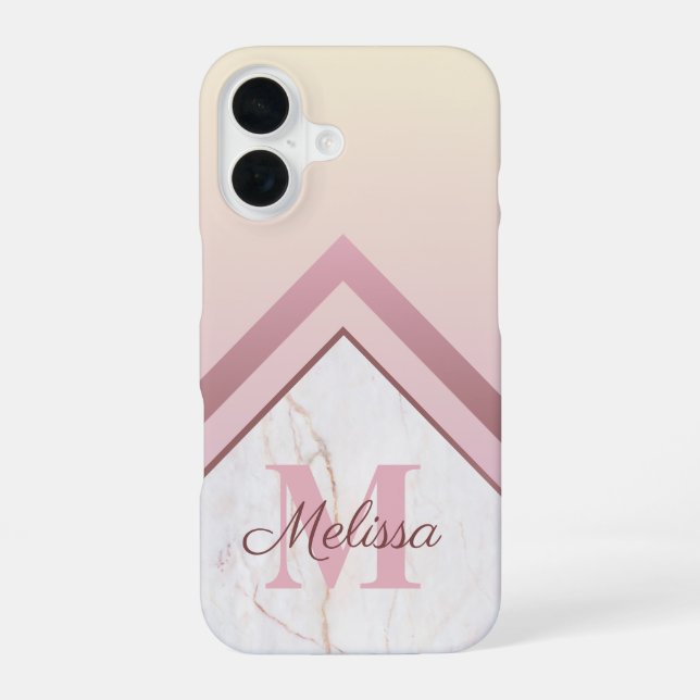 Coque iPhone 16 Marbre géométrique Monogramme or Rose (Verso)