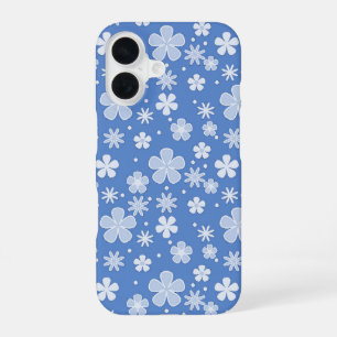 Coque iPhone 16 Marguerites blanches et points sur fond bleu