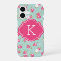 Mint et rose chic imprimé floral vintage monogramm