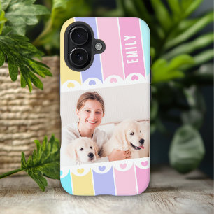 Coque iPhone 16 Moderne Nom Personnalisé Photo Cœur Rayure Féminin