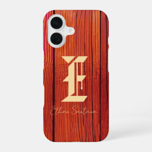 Coque iPhone 16 Monogramme à texture de bois rustique