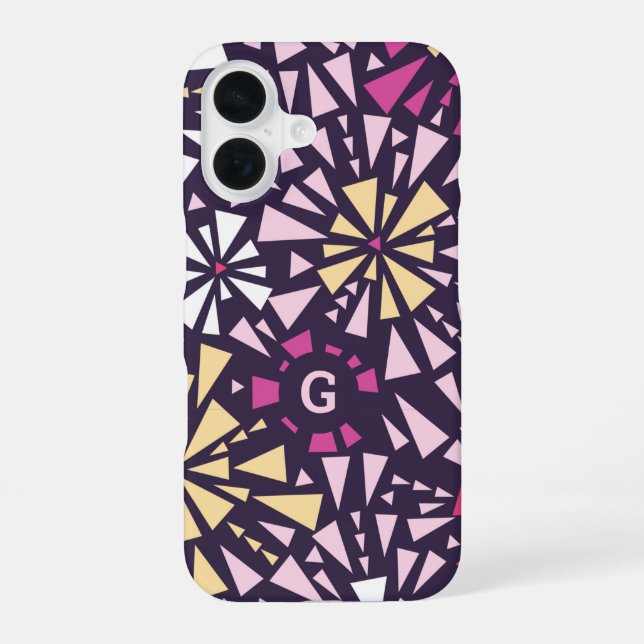 Coque iPhone 16 Monogramme Abstrait des éclats violets (Verso)