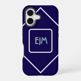 Coque iPhone 16 Monogramme blanc et bleu géométrique chic