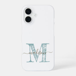Coque iPhone 16 Monogramme Bleu Vert Dessiné à la Main