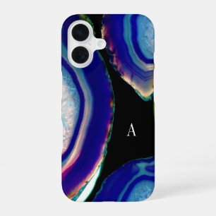 Coque iPhone 16 Monogramme de géode d'agate indigo chic