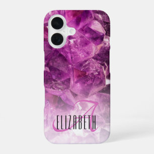 Coque iPhone 16 Monogramme de nom personnalisé Cristaux ombrés vio