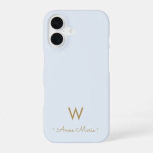 Coque iPhone 16 Monogramme de script en or bleu clair moderne