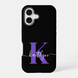 Coque iPhone 16 Monogramme de script moderne violet noir