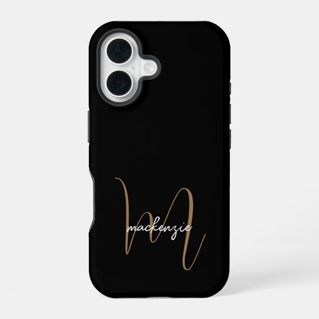 Coque iPhone 16 Monogramme d'or noir moderne Nom du script féminin (Verso)