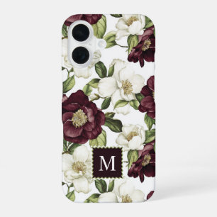 Coque iPhone 16 Monogramme du modèle floral de Bourgogne