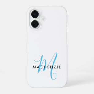 Coque iPhone 16 Monogramme élégant moderne blanc ciel bleu script