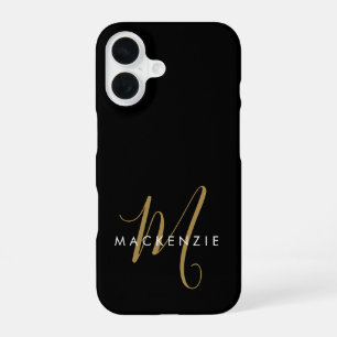 Coque iPhone 16 Monogramme élégant moderne noir or écriture